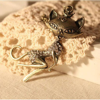 Sexy Cat Crystal Pendant Necklace Antique Bronze Color Long Sweater - WikiWii