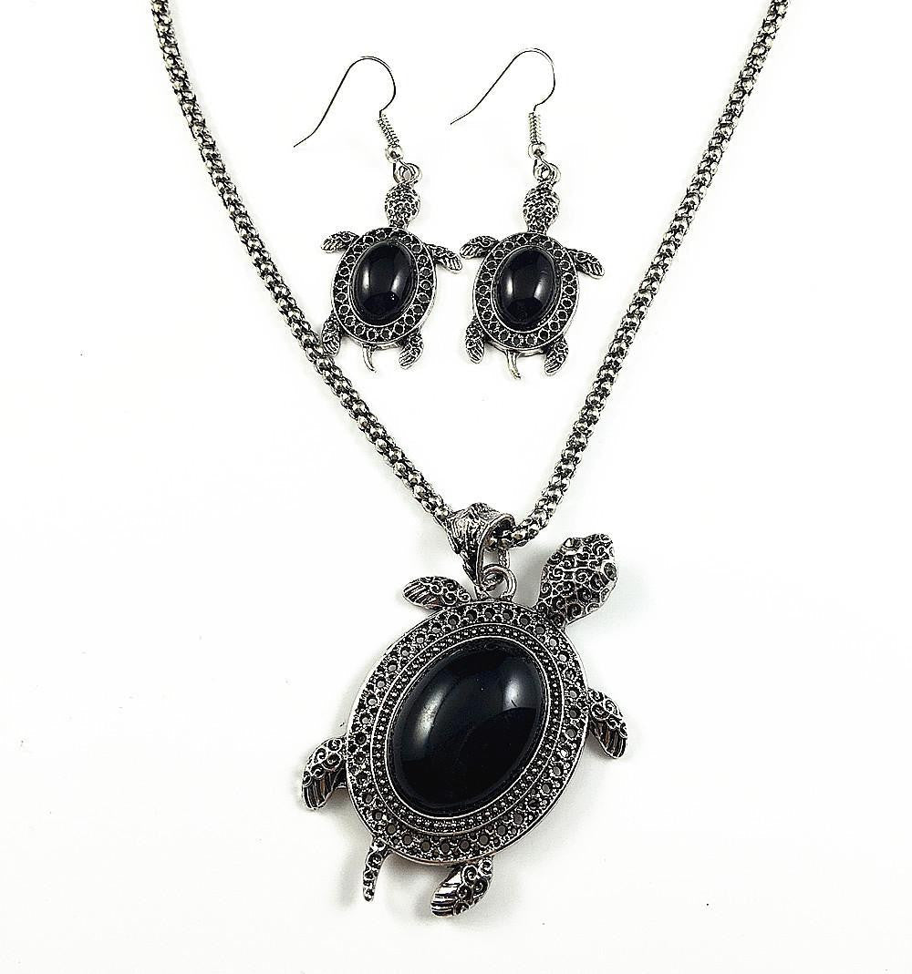 Silver Plated Black Turtle Turquoise Crystal  Set - WikiWii