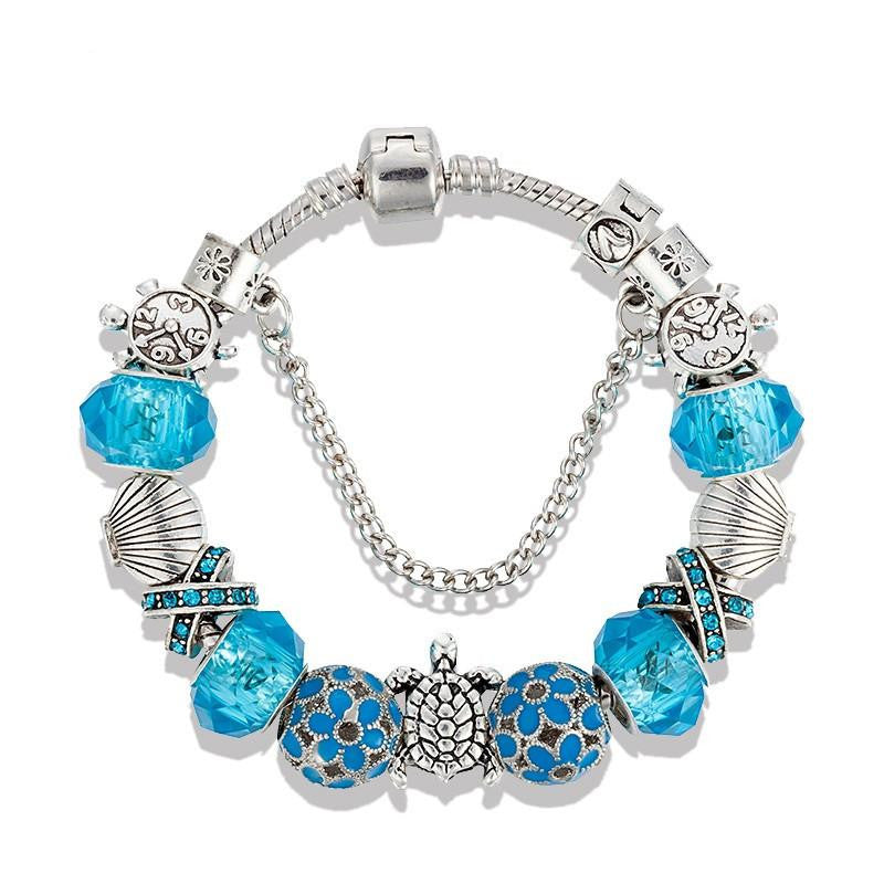 silver plated Sea Turtles beads Blue crystal Charm bracelet - WikiWii