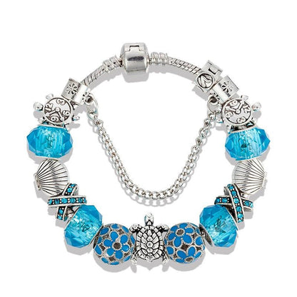 silver plated Sea Turtles beads Blue crystal Charm bracelet - WikiWii