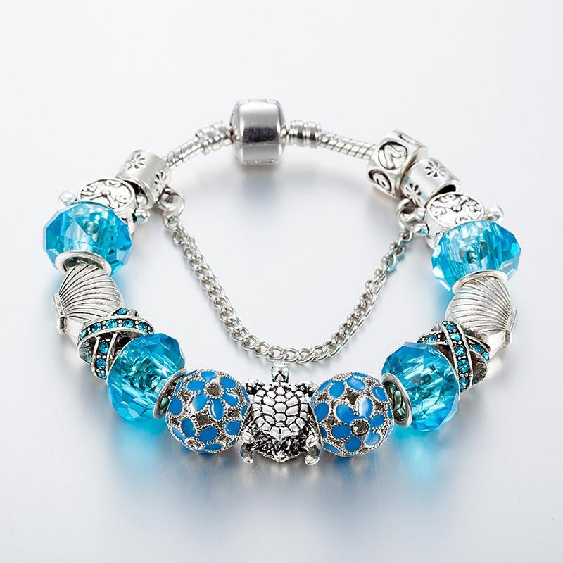 silver plated Sea Turtles beads Blue crystal Charm bracelet - WikiWii