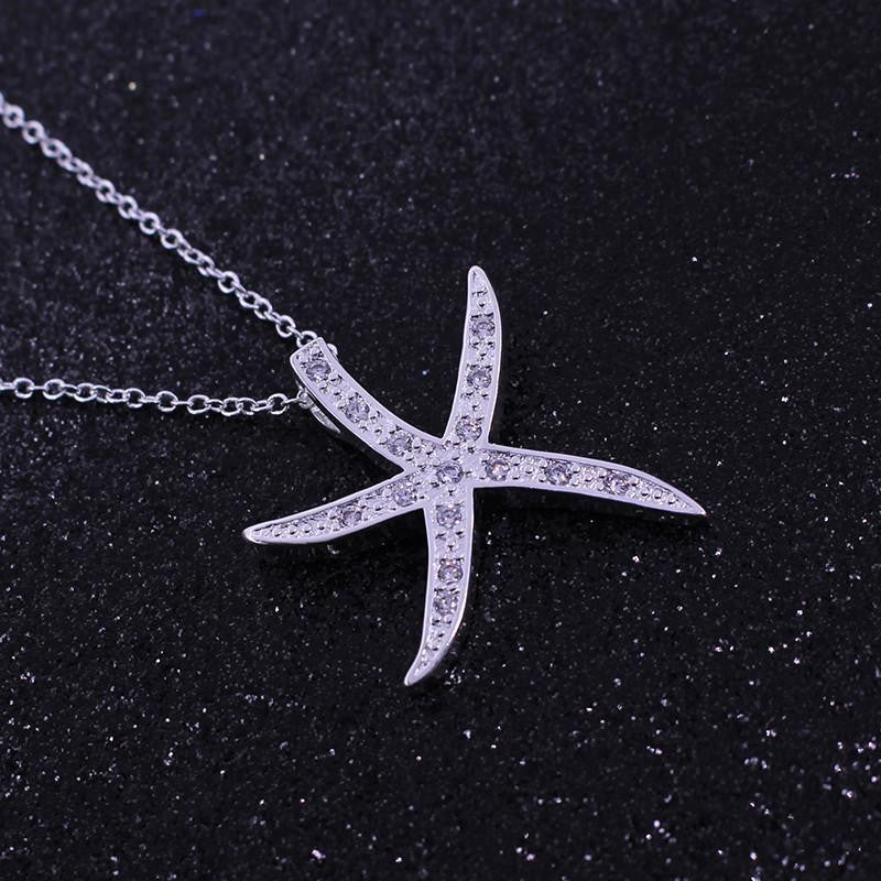 Silver Plated Starfish Necklace with purple crystals - WikiWii