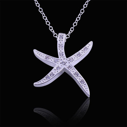 Silver Plated Starfish Necklace with purple crystals - WikiWii