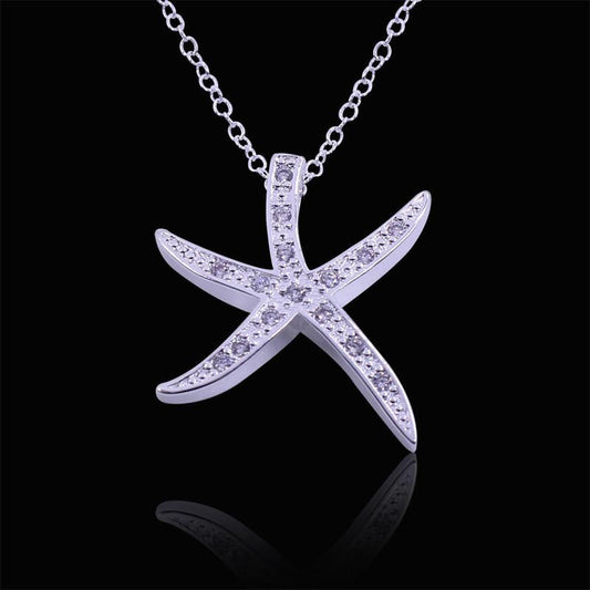 Silver Plated Starfish Necklace with purple crystals - WikiWii