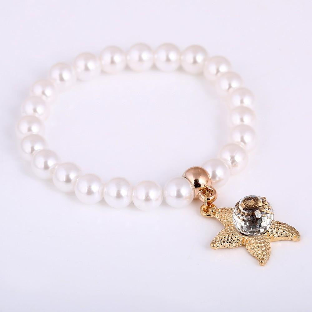 Simulated Pearl Beaded Starfish Bracelet - WikiWii