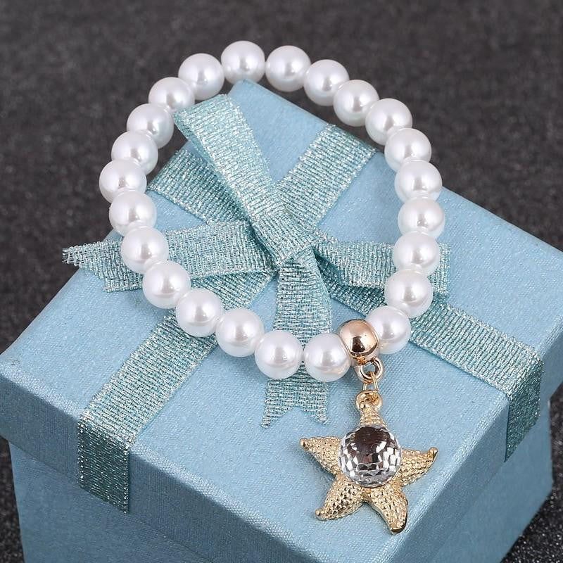 Simulated Pearl Beaded Starfish Bracelet - WikiWii