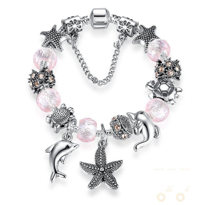 925 Silver Plated Pink Sea Turtle Dolphin Starfish Charm Bracelet - WikiWii