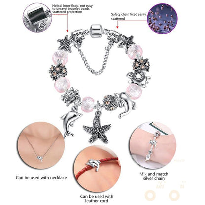 925 Silver Plated Pink Sea Turtle Dolphin Starfish Charm Bracelet - WikiWii