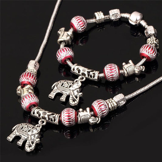 Tibetan Silver Plated Crystal Beads Bracelet Necklace set - WikiWii