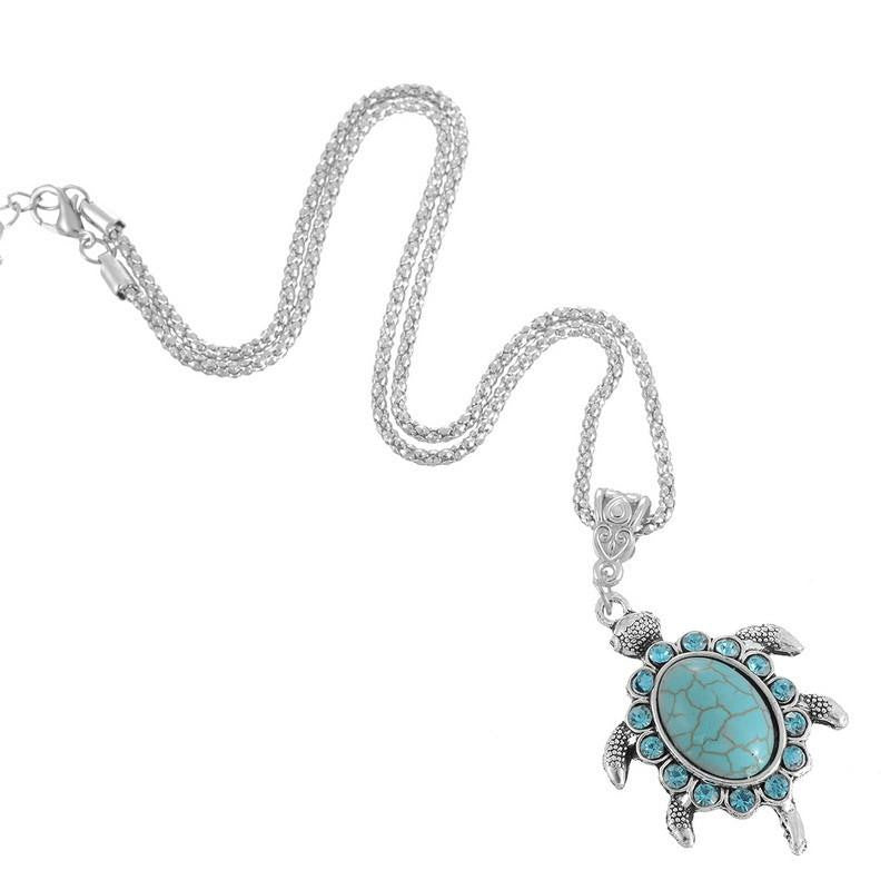 Turquoise Rhinestone Turtle Shaped Pendant Necklaces - WikiWii