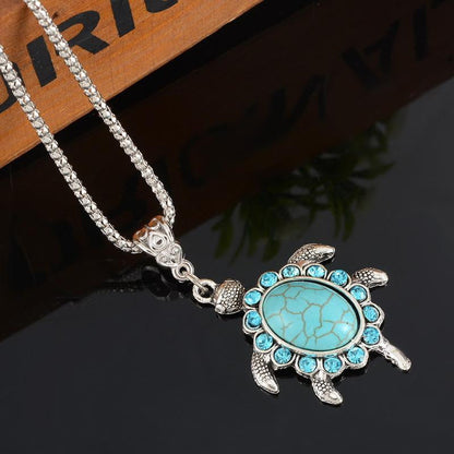 Turquoise Rhinestone Turtle Shaped Pendant Necklaces - WikiWii