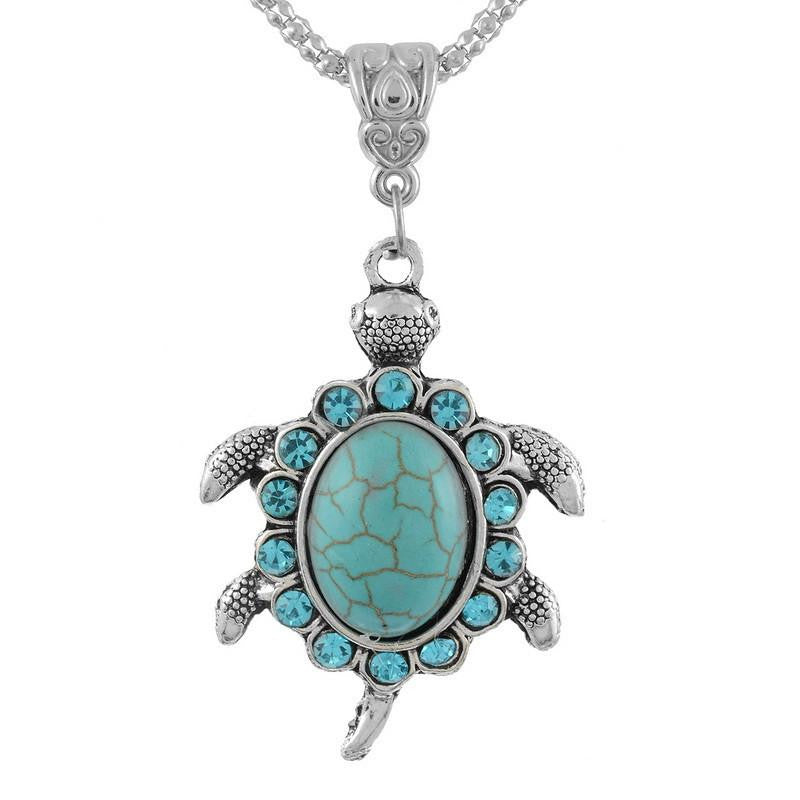 Turquoise Rhinestone Turtle Shaped Pendant Necklaces - WikiWii