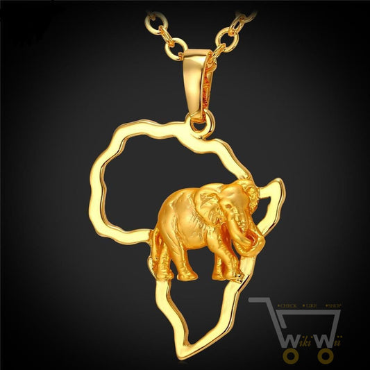 18k Gold Plated  African Map Elephant Necklace - WikiWii