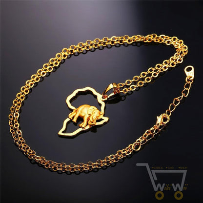 18k Gold Plated  African Map Elephant Necklace - WikiWii