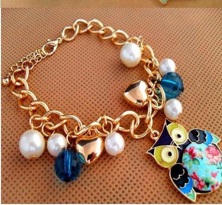 White Pearl And Printed Owl Pendant Bracelets - WikiWii