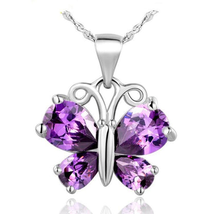 White / Purple Crystal  Butterfly Necklace - WikiWii