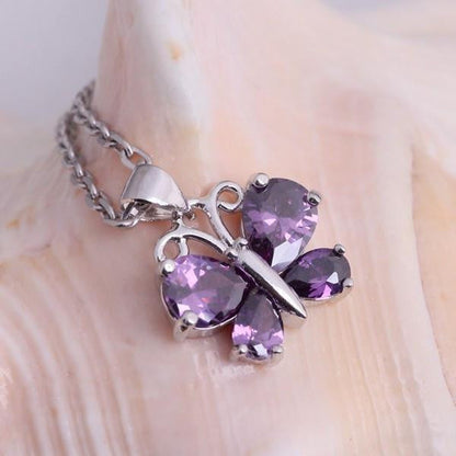 White / Purple Crystal  Butterfly Necklace - WikiWii