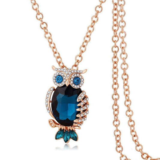 Zircon Blue Sapphire Rose Gold Plated Chain Owl Long Necklace - WikiWii